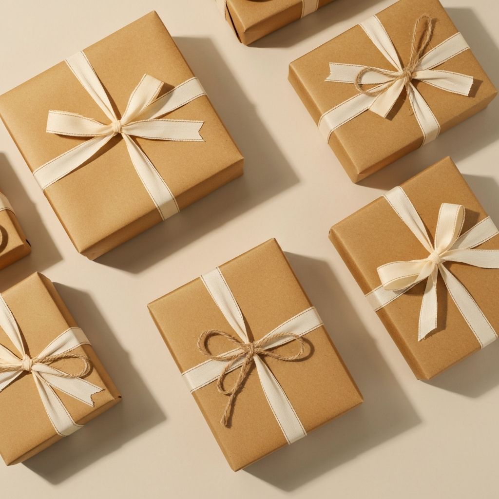 Liebevoll verpackte Kraftboxen mit Papierband und koordinierten Materialien auf heller Oberfläche