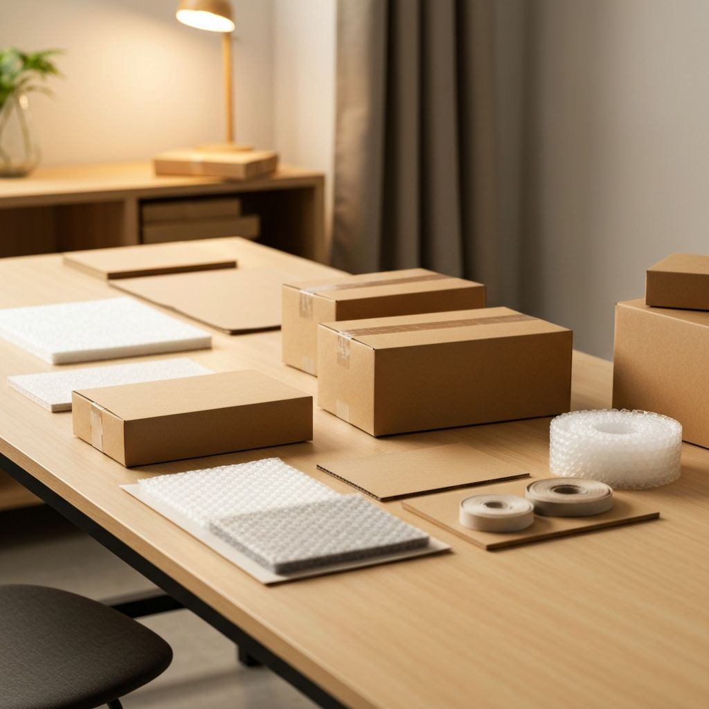 Sauberer Verpackungstisch mit Kraft-Papier, Bändern und Versendungsmaterialien in warmen Tönen