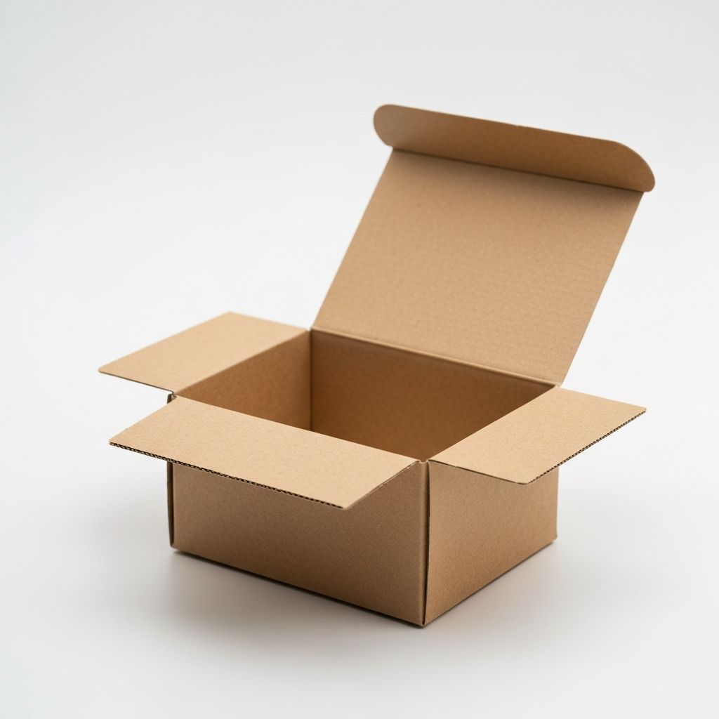 Klassische Kraftkobox mit einfacher Klappschachtel, oben offen auf neutralem Hintergrund