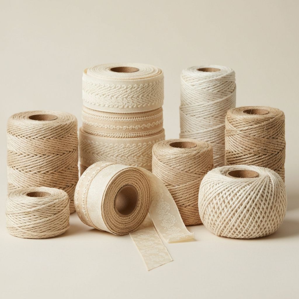 Mehrere Rollen Papierband und Naturbastschnur in warmen Sandtönen und Creme nebeneinander